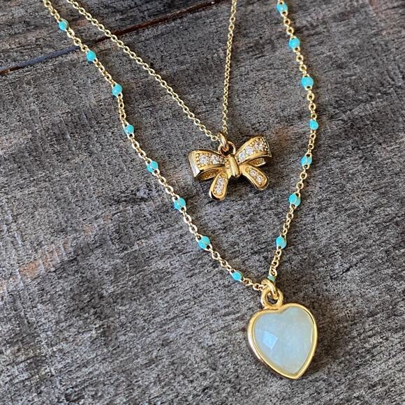 NEW FP x Luna Norte Aquamarine Bow Necklace Set - Picture 1 of 9